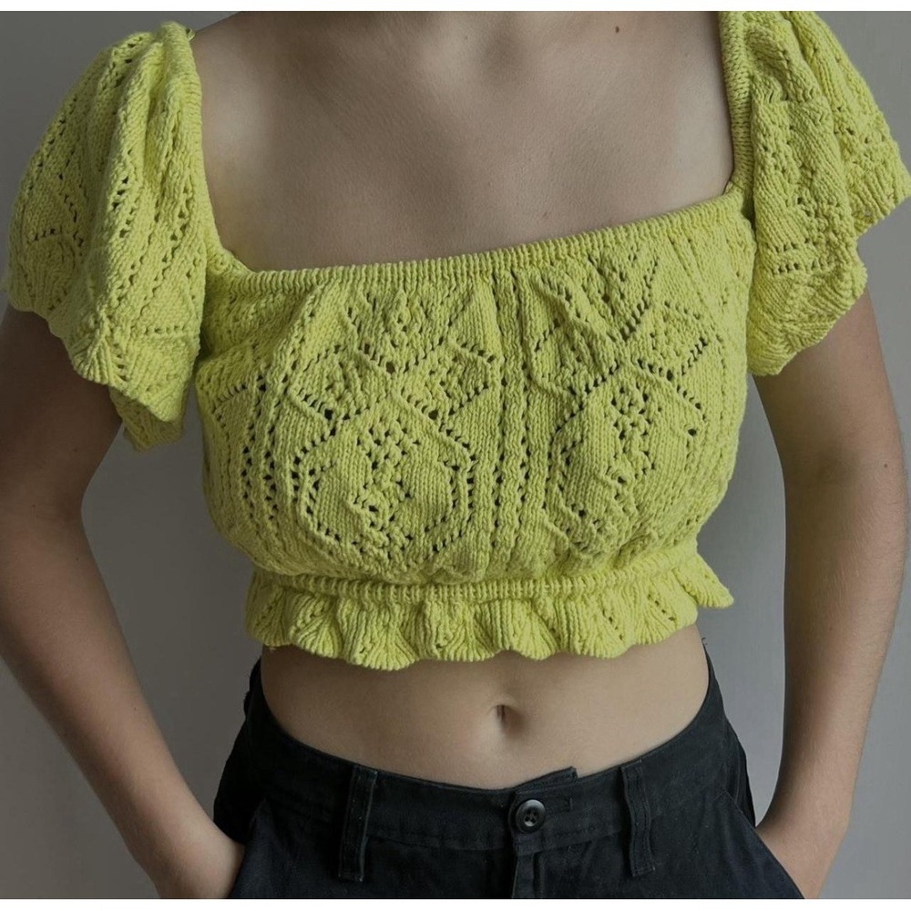 Zara Knit Off The Shoulder Yellow Crop Top Medium Stretchy Summer Essential Boho
